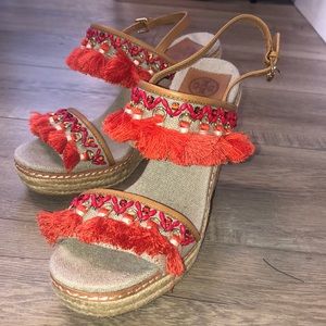 Tory Burch Wedge Sandals in red and Orange.